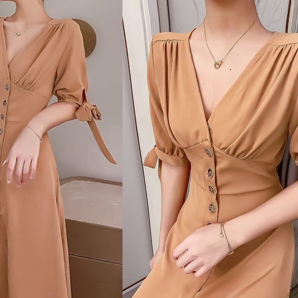 C050 Women Sexy Deep V neck Cotton Maxi Dress Short Sleeves Button Up Clothing - Picture 7 of 7